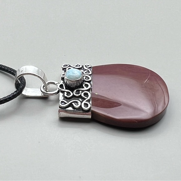 New Mookaite with Larimar Accent Stone Silver Overlay Cap Pendant Necklace Cord - Picture 2 of 5